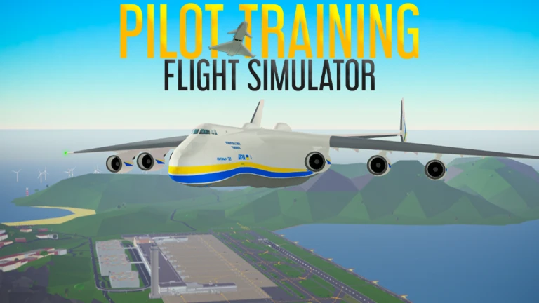 Pilot Training Flight Simulator artwork showing an Antonov An-225 flying above a low-poly airport and coastline